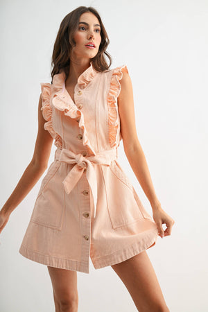 Pink ruffle denim dress