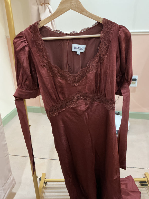 Lace Trim Satin Dress (Plum)