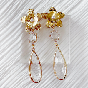 Meredith | crystal floral dangle earrings with pearl centers